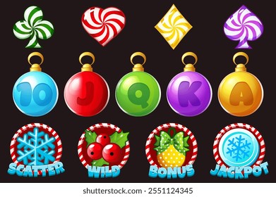 Set of 12 slot symbols Christmas theme. Christmas or winter game slot icon, casino badge set, UI x-mas design element kit. Bonus, Wild, Jackpot and Scatter icons for your slot game.