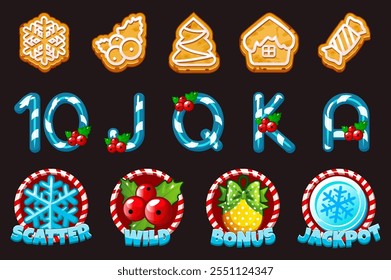 Set of 12 slot symbols Christmas theme. Christmas or winter game slot icon, casino badge set, web UI x-mas design element kit. Bonus, Wild, Jackpot and Scatter icons for your slot game.