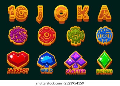 Set of 12 slot symbols Mayan or Aztec theme. Ui element for jackpot in gambling. Style Icons for 2D Games and Casino or Slots. Graphic elements for the development of slot machines