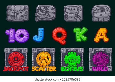 Set of 12 slot symbols Mayan or Aztec theme. Ui element for your gambling. Stone Icons for 2D Games and Casino or Slots. Graphic elements for the development of slot machines