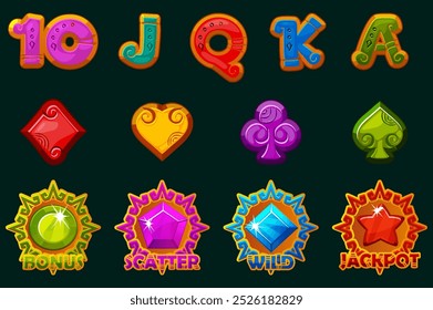 Conjunto de 12 símbolos de fenda Mayan ou tema asteca. Elementos coloridos da interface para o seu jogo. Ícones de estilo para jogos 2D e cassino ou slots. Elementos gráficos para o desenvolvimento de slot machines