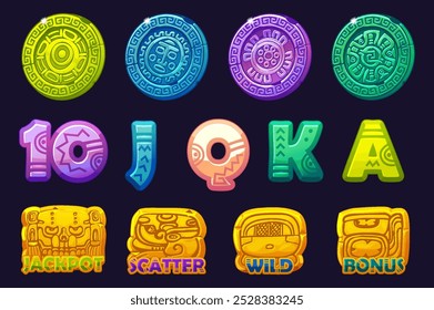 Set of 12 slot symbols Mayan or Aztec theme. Ui element for your gambling. Icons for 2D Games and Casino or Slots. Graphic elements for the development of slot machines