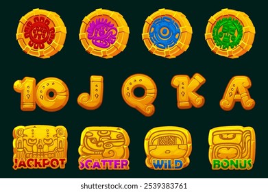 Set of 12 slot symbols Mayan or Aztec theme. Golden Icons for 2D Games and Casino or Slots. Ui element for jackpot in gambling. Graphic elements for the development of slot machines