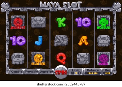 Set of 12 slot symbols Mayan or Aztec theme. Stone Icons for 2D Games and Casino or Slots. Ui element for jackpot in gambling. Graphic elements for the development of slot machines.