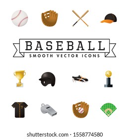 Set Of 12 Smooth Style Baseball Sports Equipment, Clothing And Awards Color Vector Icons.