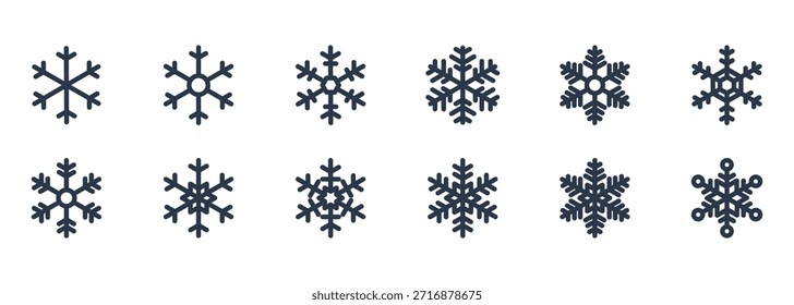 Set of 12 Snowflake Icons. Winter, Christmas, and Frost Symbols. Collection of Outline Glyphs for Weather and Decoration.