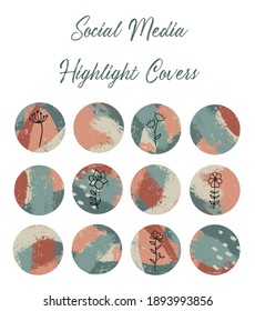 set of 12 social media highlight covers decorated with flowers. Brush strokes backgrounds for stickers, prints, etc. EPS 10