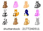 A set of 12 soft cute animal toys. Plush rabbit, bear, cat, raccoon, panda, fox, penguin, pig, cow, dog, leopard and mouse. Flat vector illustration.