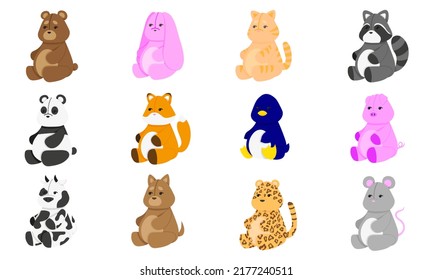 A set of 12 soft cute animal toys. Plush rabbit, bear, cat, raccoon, panda, fox, penguin, pig, cow, dog, leopard and mouse. Flat vector illustration.