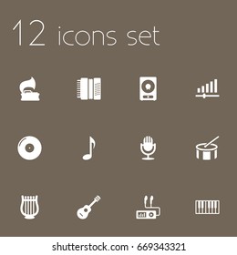 Set Of 12 Song Icons Set.Collection Of Acoustic, Audio Device, Retro Disc And Other Elements.