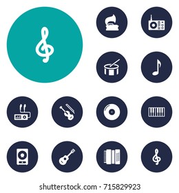Set Of 12 Song Icons Set.Collection Of Tambourine, Tone Symbol, Retro Disc And Other Elements.