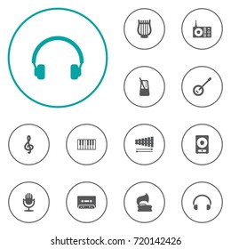 Set Of 12 Song Icons Set.Collection Of Karaoke, Lyre, Octave Keyboard And Other Elements.