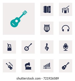 Set Of 12 Song Icons Set.Collection Of Earphones, Acoustic, Tambourine And Other Elements.