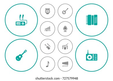 Set Of 12 Song Icons Set.Collection Of Percussion, Tone Symbol, Audio Device And Other Elements.