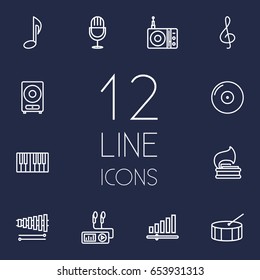 Set Of 12 Song Outline Icons Set.Collection Of Vinyl, Fortepiano, Gramophone And Other Elements.