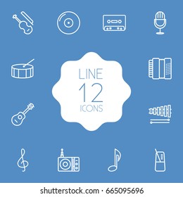 Set Of 12 Song Outline Icons Set.Collection Of Amplifier, Gramophone, Musical Sign And Other Elements.
