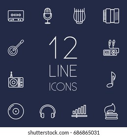 Set Of 12 Song Outline Icons Set.Collection Of Audio Level, Amplifier, Harmonica And Other Elements.