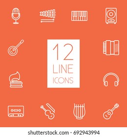 Set Of 12 Song Outline Icons Set.Collection Of Fortepiano, Amplifier, Vinyl And Other Elements.