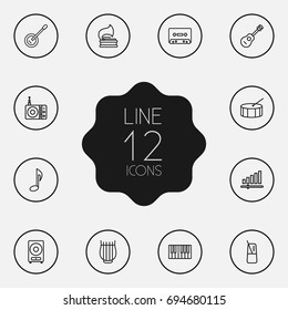 Set Of 12 Song Outline Icons Set.Collection Of Loudspeaker, Station, Guitar And Other Elements.