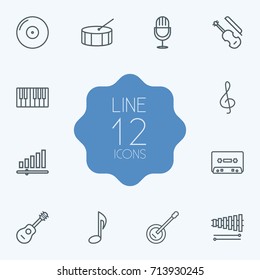 Set Of 12 Song Outline Icons Set.Collection Of Amplifier, Wooden Block, Acoustic And Other Elements.