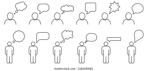 Set of 12 speech bubbles with persons.  line vector icons. chat, conversation, talking, think, comment, message.