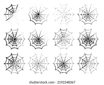 Set of 12 spiderweb in sketch style. Thin uneven grunge paint brush strokes, smears. Design elements for Halloween design. Spooky, scary, horror halloween decor. Vector.