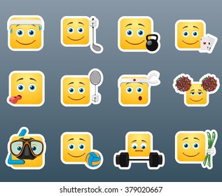 Set of 12 sport emoticon smile stickers set
