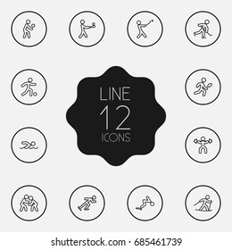 Set Of 12 Sport Outline Icons Set.Collection Of Ice Skating, Batting, Puck And Other Elements.