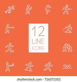 Set Of 12 Sport Outline Icons Set.Collection Of Ski Running, Batting, Gymnastic And Other Elements.