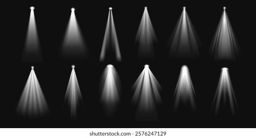 Set of 12 spotlight beams on a dark background. Spotlights vary in shape and intensity. Perfect for stage, theater, or concert lighting designs. Overlay effect vector element set.