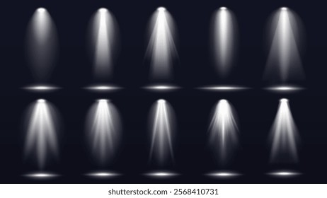 Set of 12 spotlight effects on a dark background. Each spotlight creates a unique light beam. Perfect for stage, theater, or dramatic lighting designs. Overlay effect vector element set.