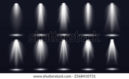 Set of 12 spotlight effects on a dark background. Each spotlight creates a unique light beam. Perfect for stage, theater, or dramatic lighting designs. Overlay effect vector element set.