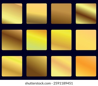 A set of 12 square gradient swatches showcasing various shades of gold and bronze.