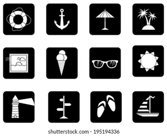 Set of 12 square icons. Black and white sea summer icons isolated on white background.