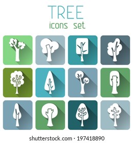 Set of 12 square icons with long flat shadow. White tree silhouettes on coloured square backgrounds for your design isolated on white background.