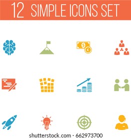 Set Of 12 Startup Icons Set.Collection Of Call Center, Rocket, Currency And Other Elements.