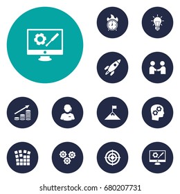 Set Of 12 Startup Icons Set.Collection Of Thinking Head, Money Growth, Meeting And Other Elements.
