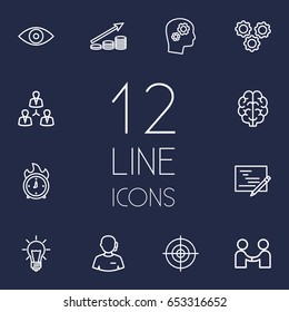 Set Of 12 Startup Outline Icons Set.Collection Of Solution, Idea, Working Process And Other Elements.