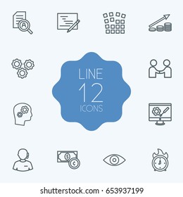 Set Of 12 Startup Outline Icons Set.Collection Of Solution, Grid Structure, Partnership And Other Elements.