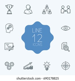 Set Of 12 Startup Outline Icons Set.Collection Of Partnership, Idea, Support And Other Elements.