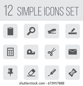 Set Of 12 Stationery Icons Set.Collection Of Rubber, Pushpin, Calculate And Other Elements.