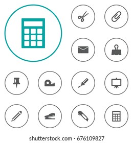 Set Of 12 Stationery Icons Set.Collection Of Pushpin, Clip, Paper  Clamp And Other Elements.