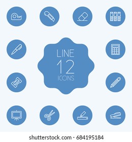 Set Of 12 Stationery Outline Icons Set.Collection Of Whiteboard, Staple, Scissors And Other Elements.