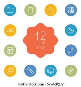 Set Of 12 Stationery Outline Icons Set.Collection Of Cutter, Binder Clip, Sticky And Other Elements.