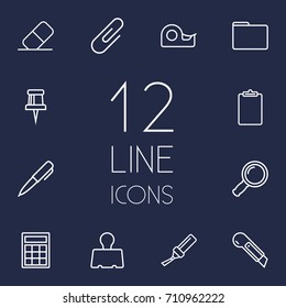 Set Of 12 Stationery Outline Icons Set.Collection Of Paper Clamp, Eraser, Binder Clip And Other Elements.