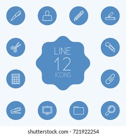 Set Of 12 Stationery Outline Icons Set.Collection Of Zoom Glasses, Drawing, Pen And Other Elements.