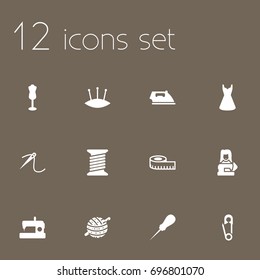 Set Of 12 Stitch Icons Set.Collection Of Pins, Meter, Eyelet And Other Elements.