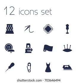 Set Of 12 Stitch Icons Set.Collection Of Clothier, Evening Gown, Eyelet And Other Elements.