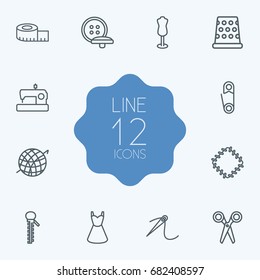 Set Of 12 Stitch Outline Icons Set.Collection Of Measuring Tape, Sewing, Needle And Other Elements.