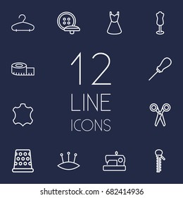Set Of 12 Stitch Outline Icons Set.Collection Of Dress, Measuring Tape, Awl And Other Elements.